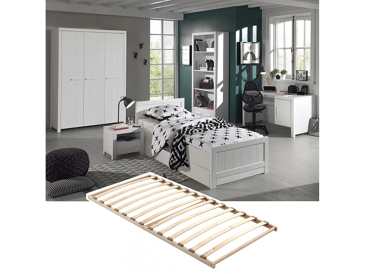 GASTON - Chambre 90x200cm + Sommier + Armoire 3P + Pack Bureau