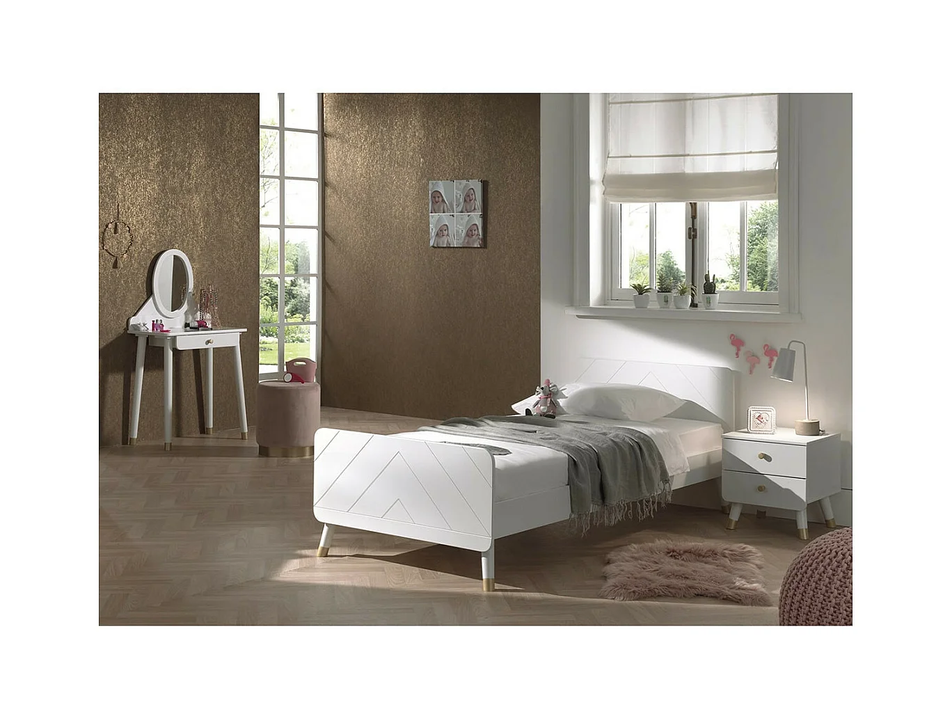 TINY WHITE - Lit 90x200cm + Chevet 2 Tiroirs + Coiffeuse