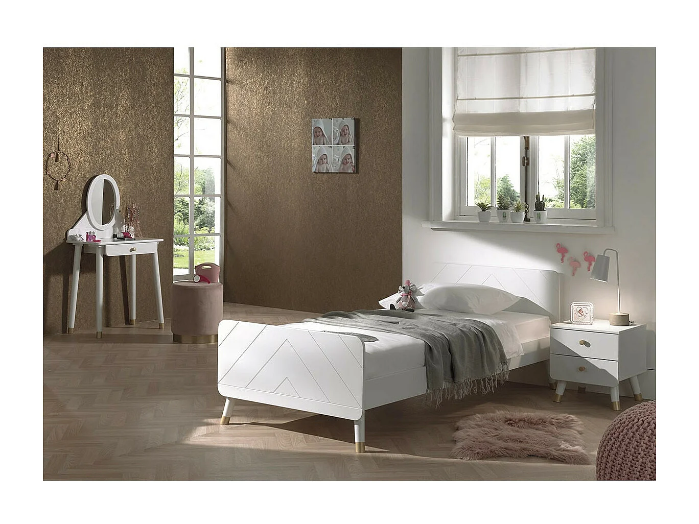 TINY WHITE - Lit 90x200cm + Chevet 2 Tiroirs + Coiffeuse