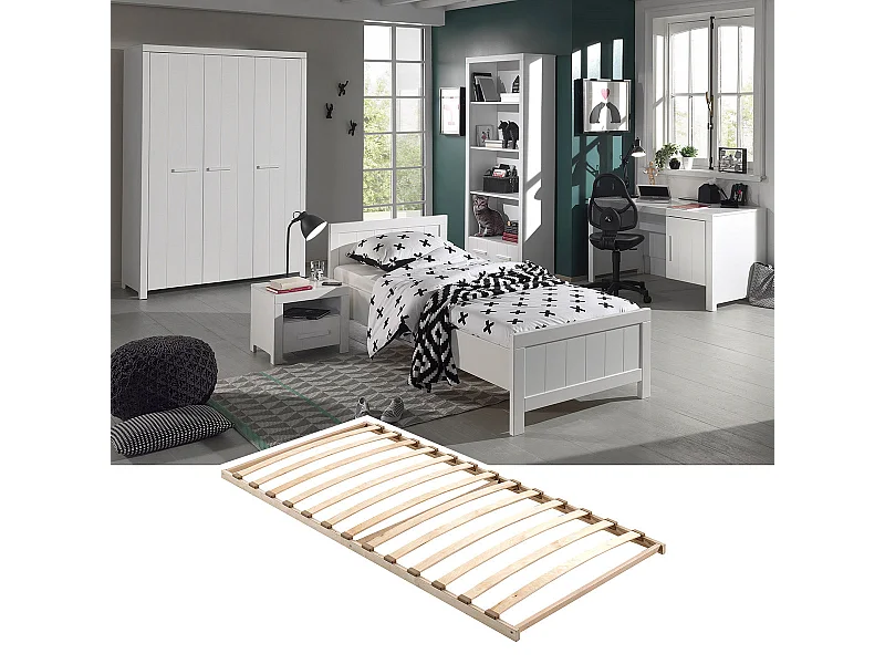 GASTON - Lit 90x200cm + Sommier + Chevet + Armoire 3P + Pack Bureau