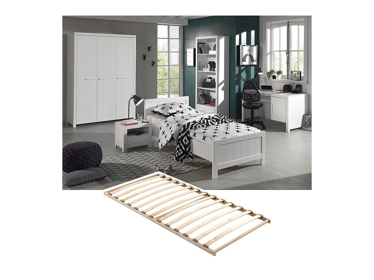 GASTON - Lit 90x200cm + Sommier + Chevet + Armoire 3P + Pack Bureau