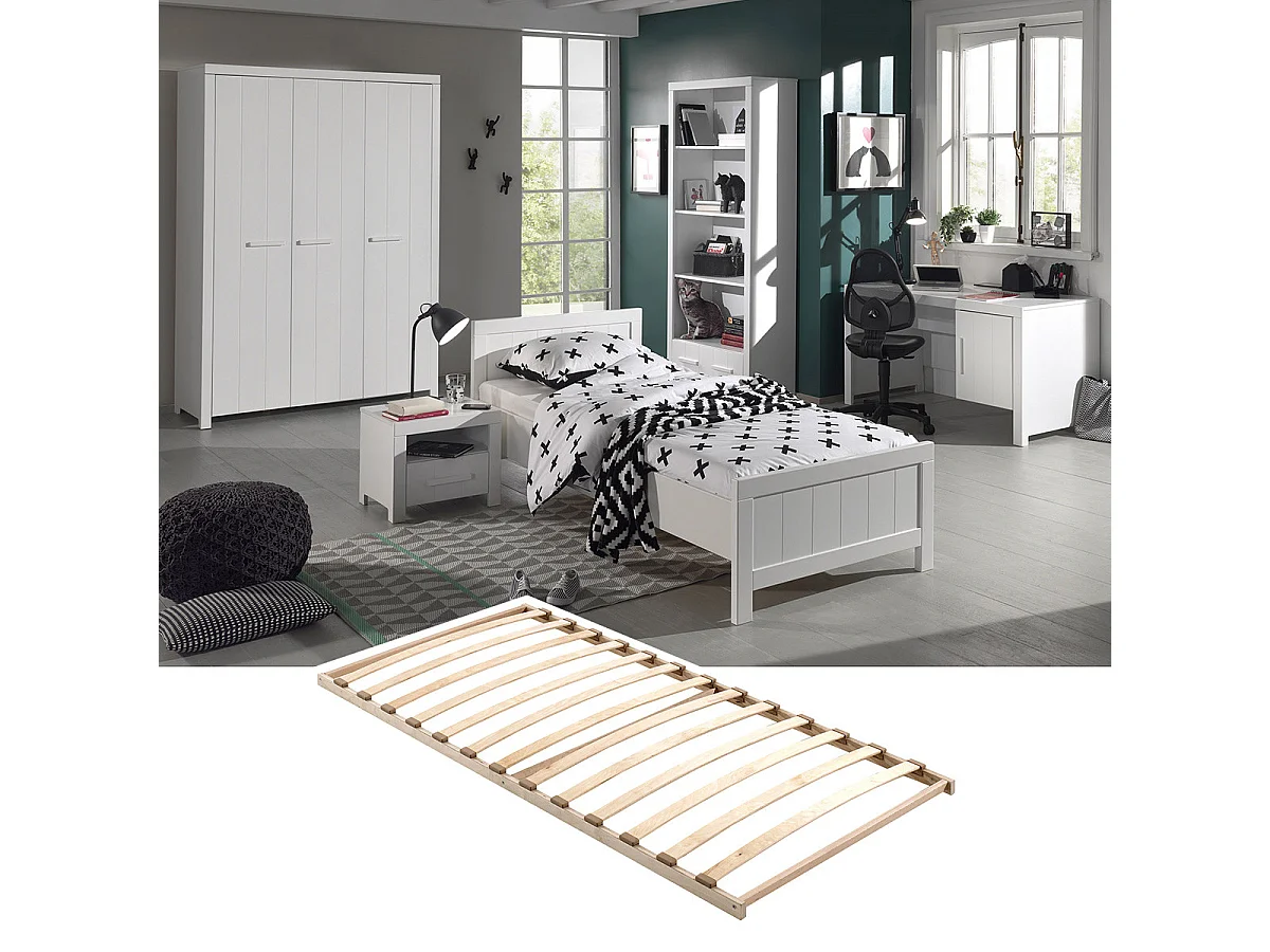 GASTON - Lit 90x200cm + Sommier + Chevet + Armoire 3P + Pack Bureau