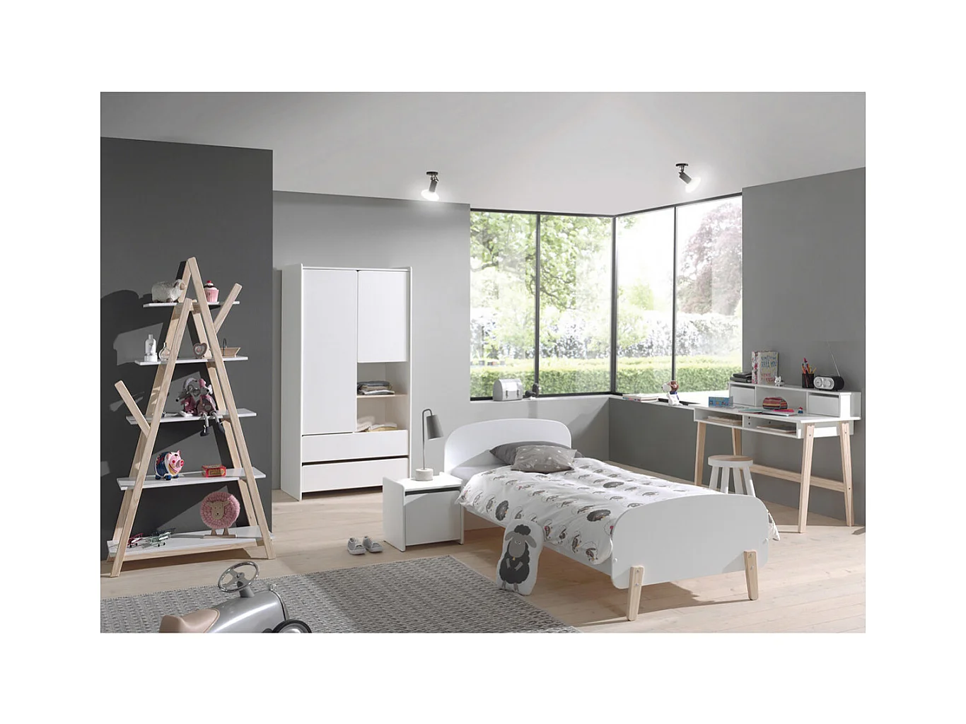 BODHI WHITE - Lit 90x200cm + Chevet + Armoire 2P + Pack Bureau