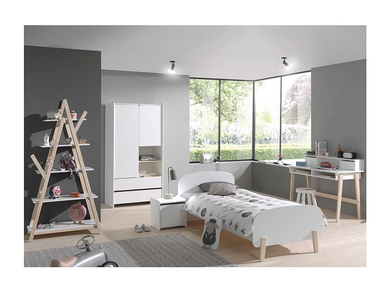 BODHI WHITE - Lit 90x200cm + Chevet + Armoire 2P + Pack Bureau