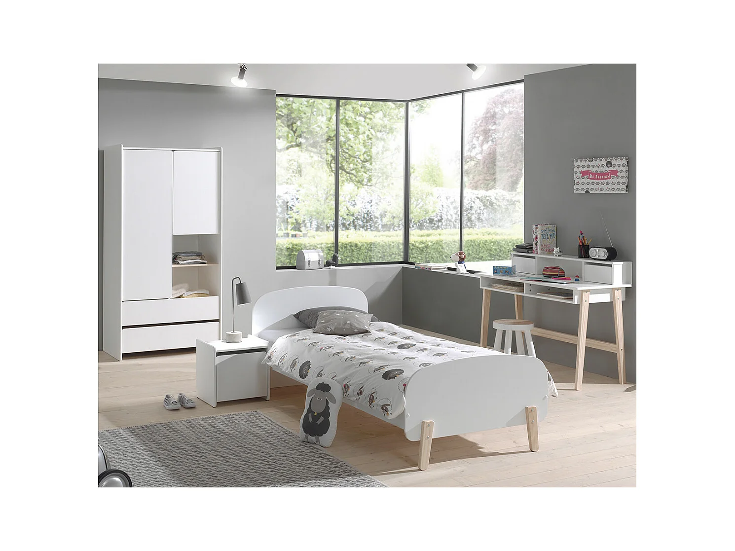 BODHI WHITE - Lit 90x200cm + Chevet + Armoire 2P + Bureau