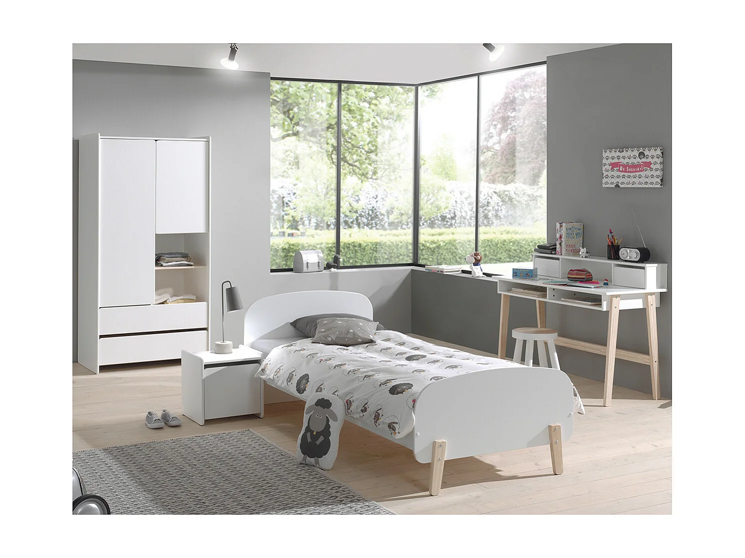 BODHI WHITE - Lit 90x200cm + Chevet + Armoire 2P + Bureau
