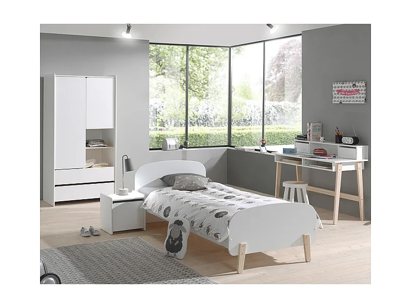 BODHI WHITE - Lit 90x200cm + Chevet + Armoire 2P + Bureau
