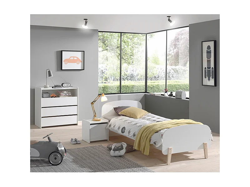 BODHI WHITE - Lit 90x200cm + Chevet + Commode