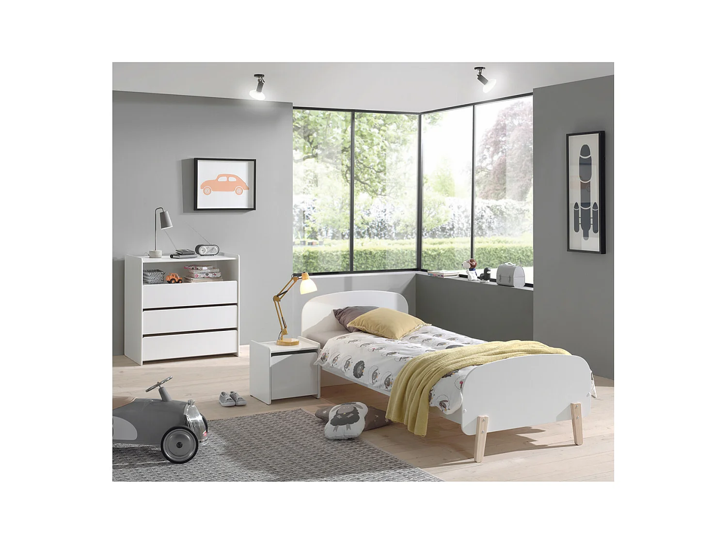 BODHI WHITE - Lit 90x200cm + Chevet + Commode