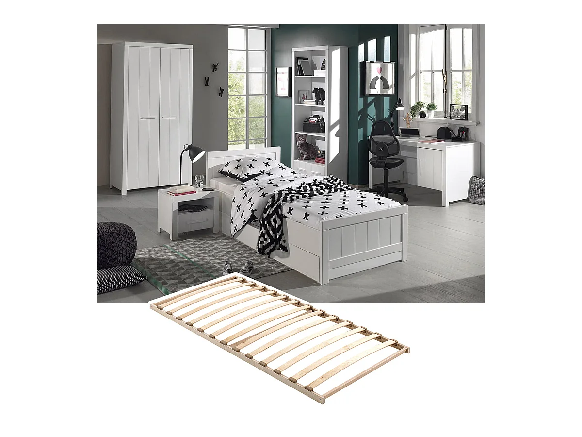 GASTON - Chambre 90x200cm + Sommier + Armoire 2P + Pack Bureau