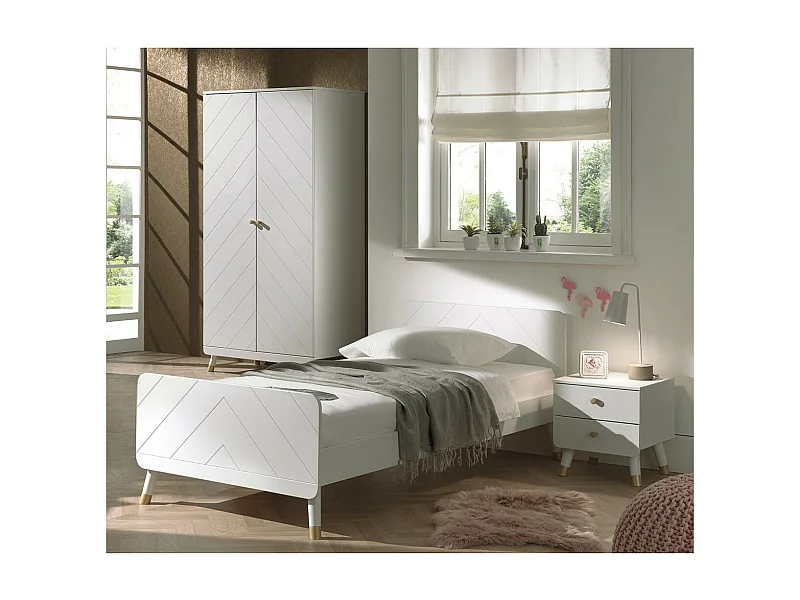 TINY WHITE - Lit 90x200cm + Chevet + Armoire 2 Portes