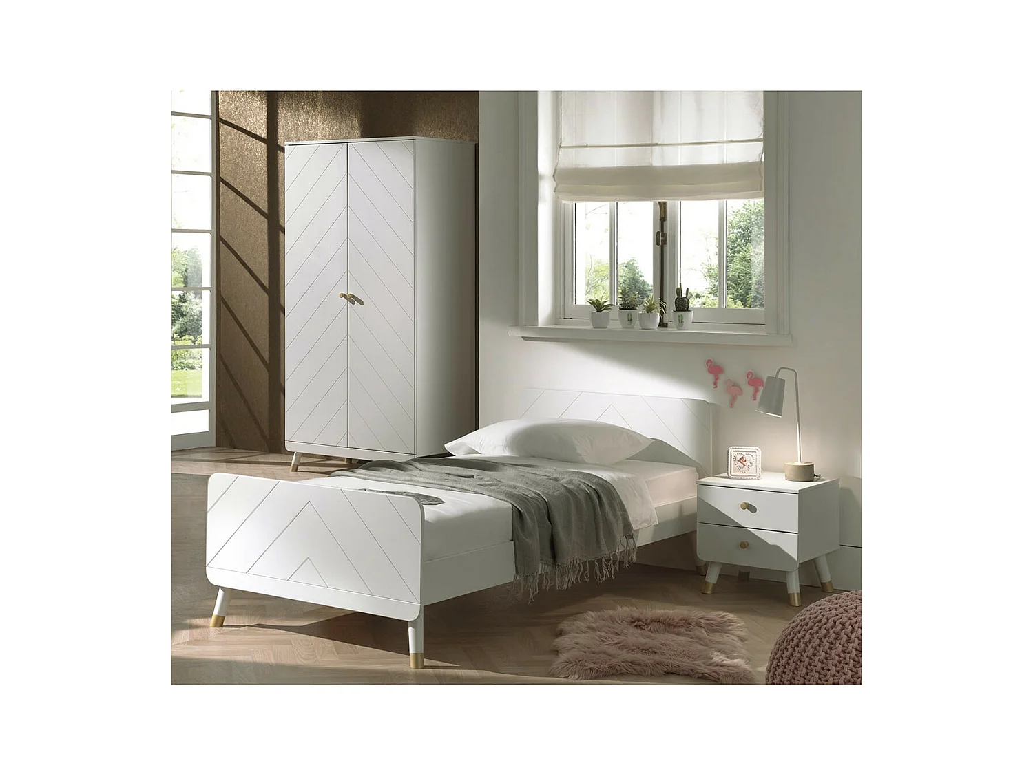 TINY WHITE - Lit 90x200cm + Chevet + Armoire 2 Portes