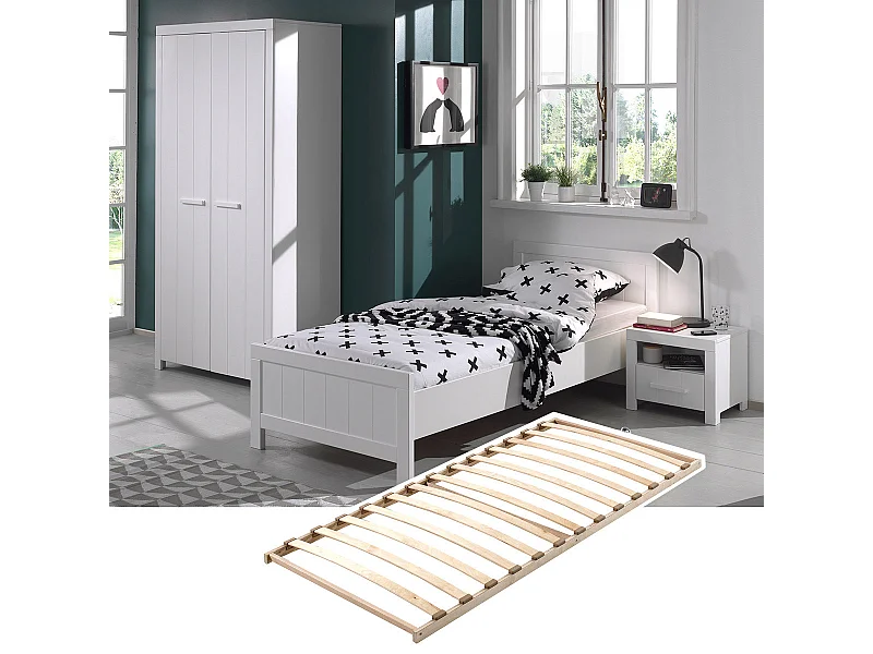 GASTON - Lit 90x200cm avec Sommier + Chevet + Armoire 2P