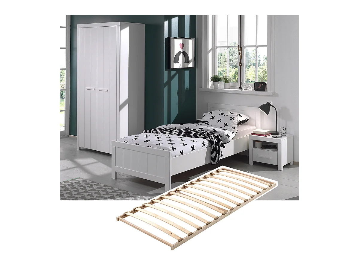 GASTON - Lit 90x200cm avec Sommier + Chevet + Armoire 2P