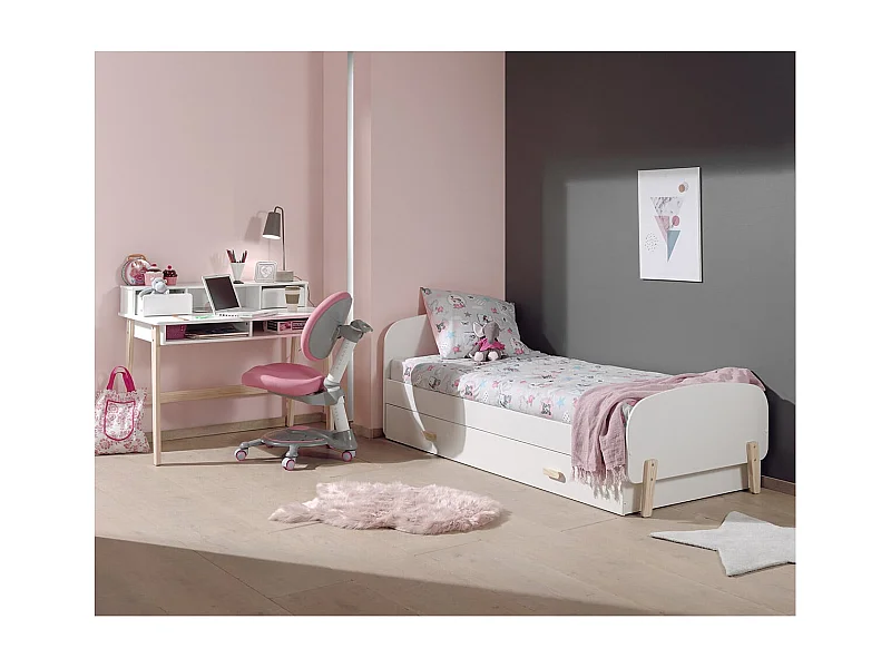 BODHI WHITE - Lit 90x200cm avec Tiroir de Lit + Bureau
