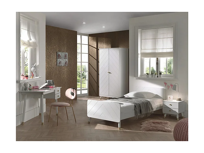 TINY WHITE - Lit 90x200cm + Chevet + Armoire 2P + Bureau
