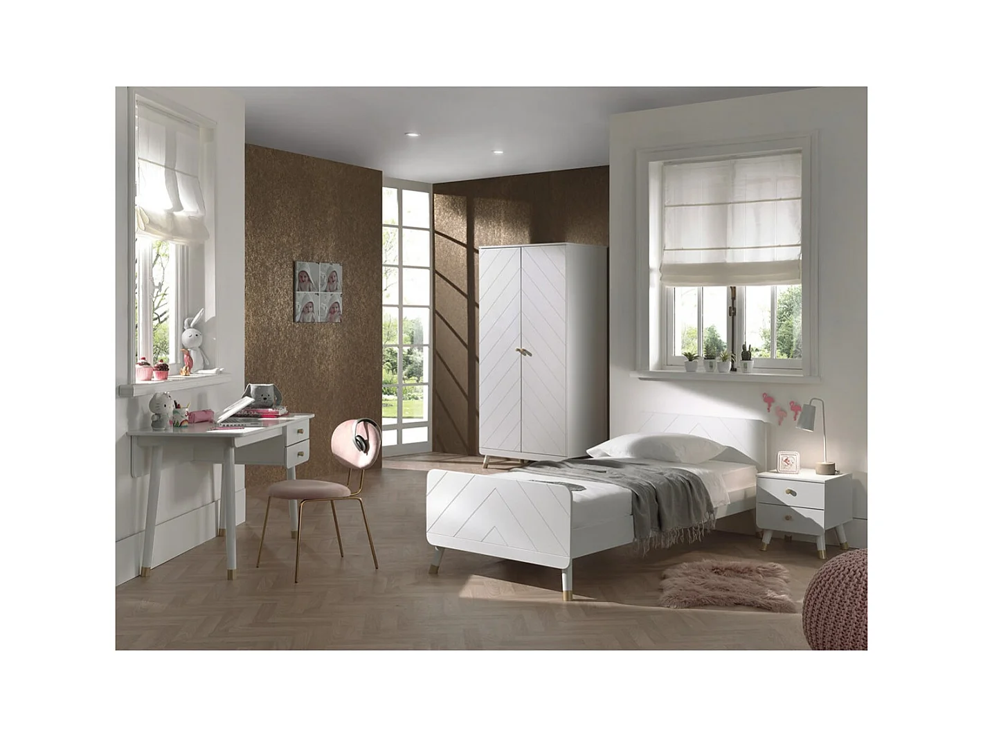 TINY WHITE - Lit 90x200cm + Chevet + Armoire 2P + Bureau