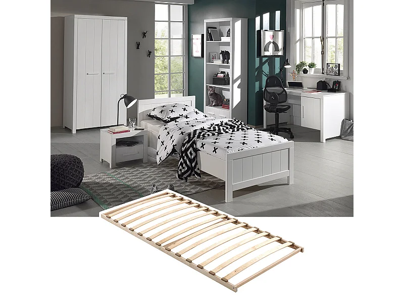 GASTON - Lit 90x200cm + Sommier + Chevet + Armoire 2P + Pack Bureau