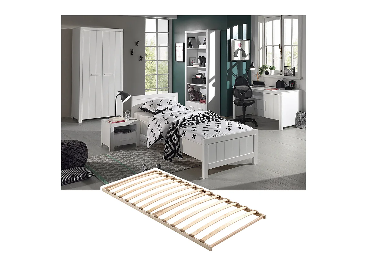 GASTON - Lit 90x200cm + Sommier + Chevet + Armoire 2P + Pack Bureau