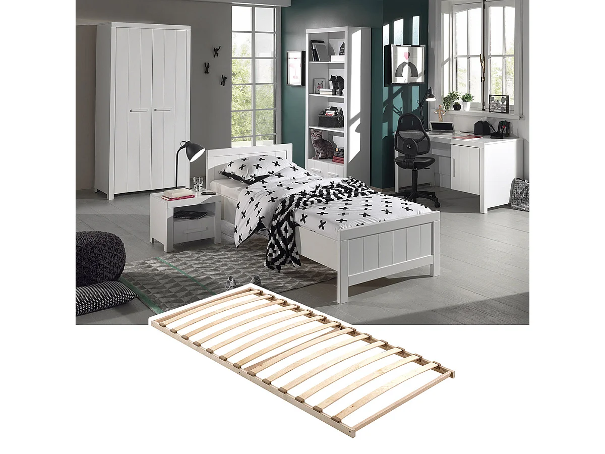 GASTON - Lit 90x200cm + Sommier + Chevet + Armoire 2P + Pack Bureau