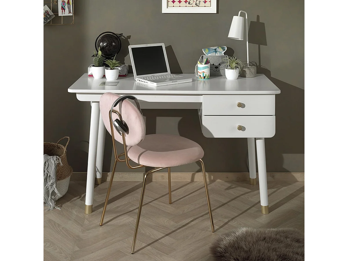 TINY WHITE - Bureau 2 Tiroirs Blanc et Gold