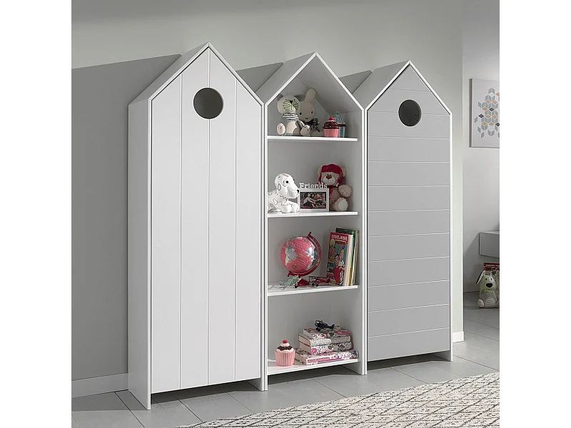 HAVRE - Pack Bibliothèque + 2 Armoires Blanche et Gris