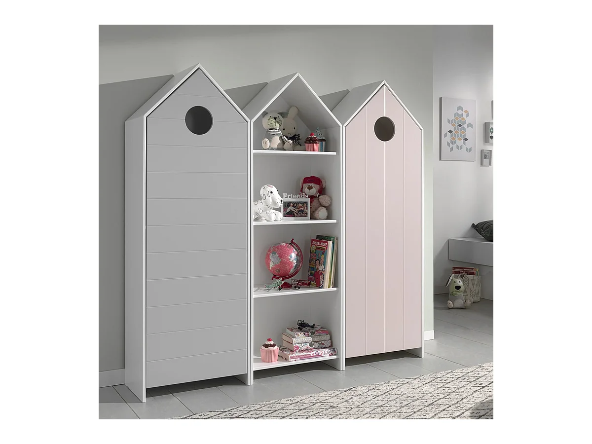 HAVRE - Pack Bibliothèque + 2 Armoires Rose et Grise