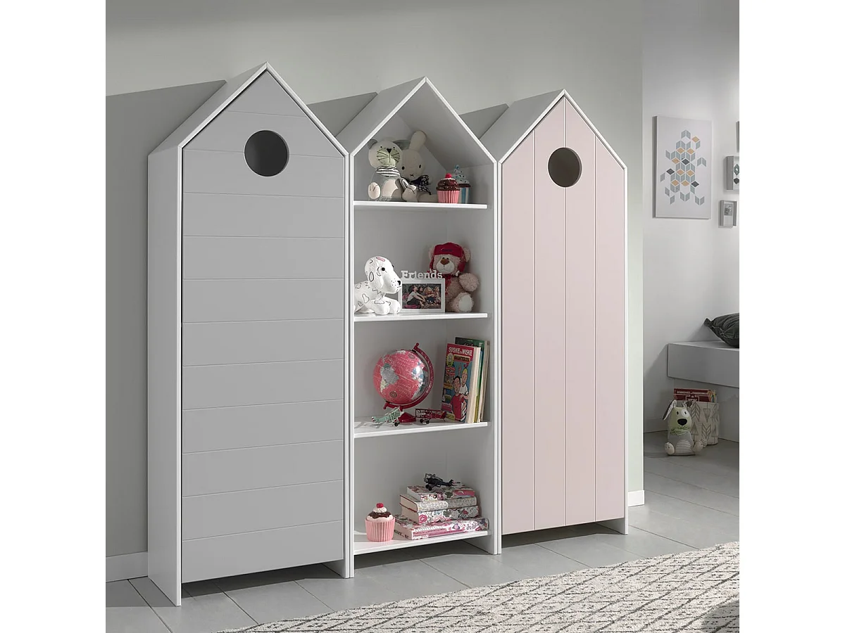 HAVRE - Pack Bibliothèque + 2 Armoires Rose et Grise