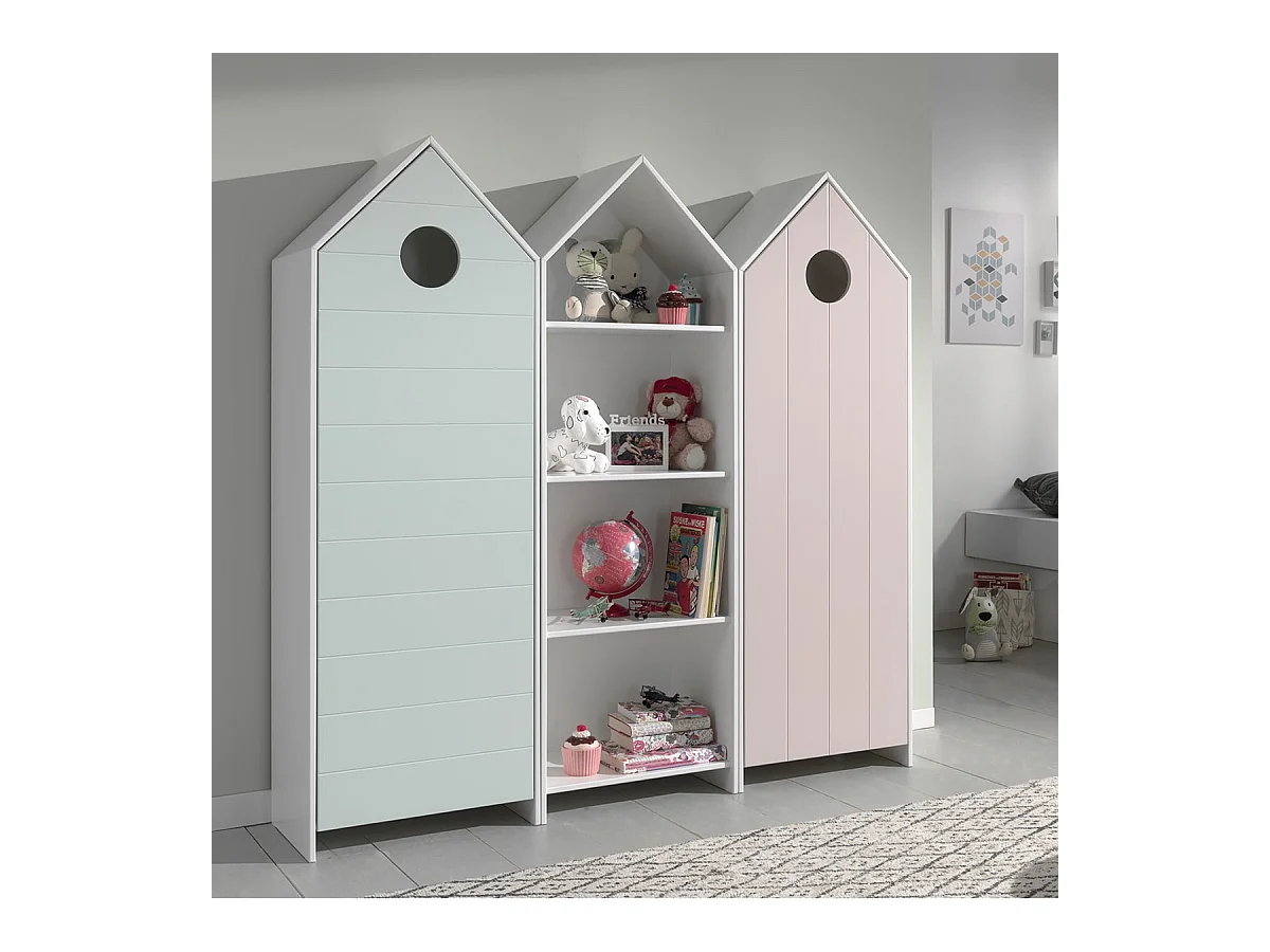 HAVRE - Pack Bibliothèque + 2 Armoires Rose et Verte