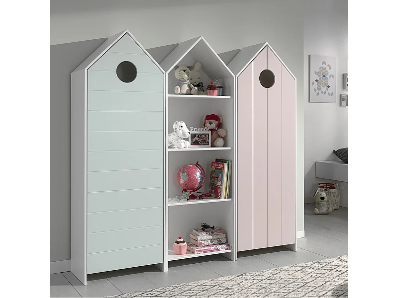 HAVRE - Pack Bibliothèque + 2 Armoires Rose et Verte