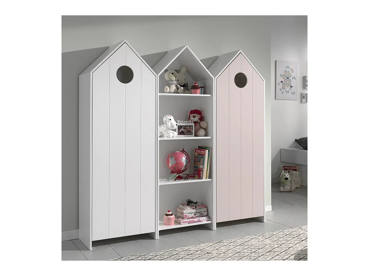 HAVRE - Pack Bibliothèque + 2 Armoires Blanche et Rose