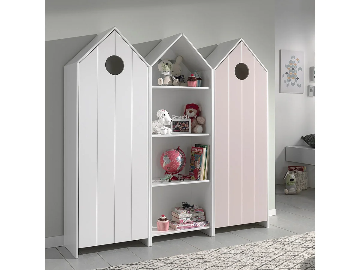 HAVRE - Pack Bibliothèque + 2 Armoires Blanche et Rose