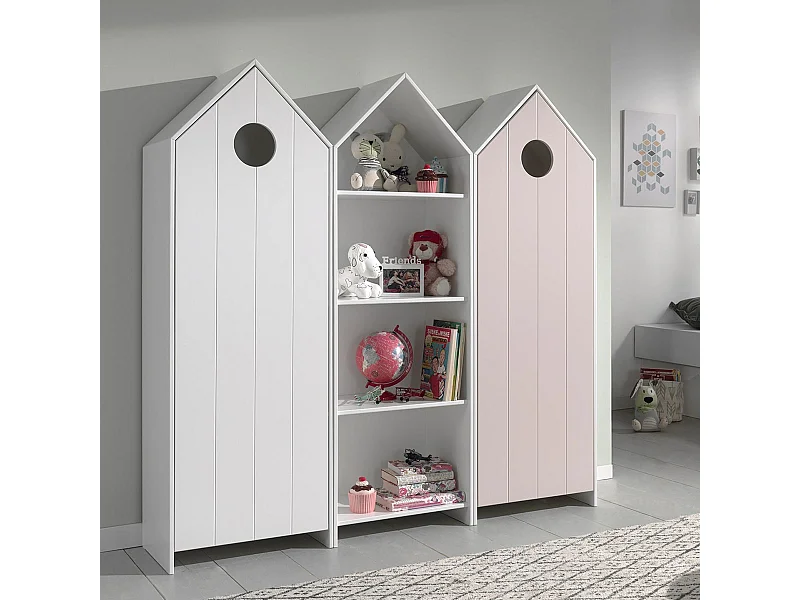 HAVRE - Pack Bibliothèque + 2 Armoires Blanche et Rose