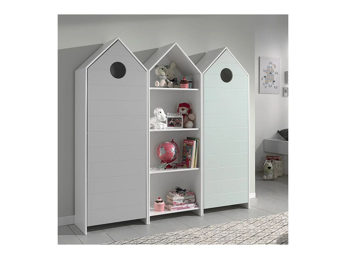 HAVRE - Pack Bibliothèque + 2 Armoires Verte et Grise