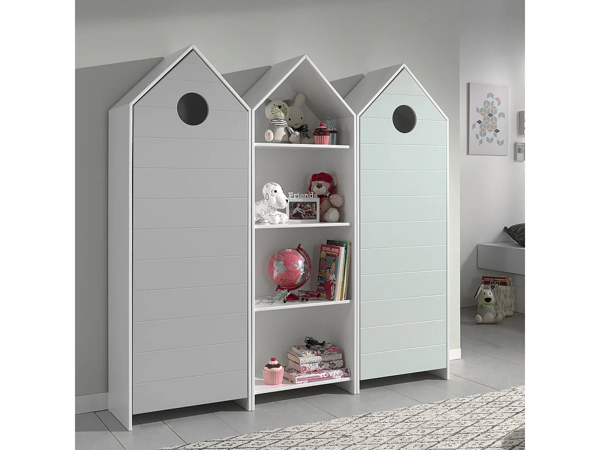 HAVRE - Pack Bibliothèque + 2 Armoires Verte et Grise