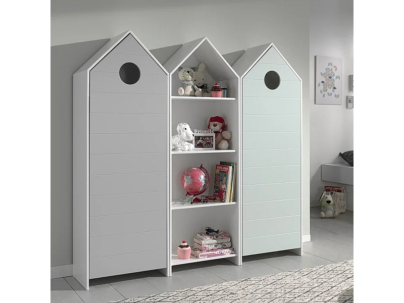 HAVRE - Pack Bibliothèque + 2 Armoires Verte et Grise