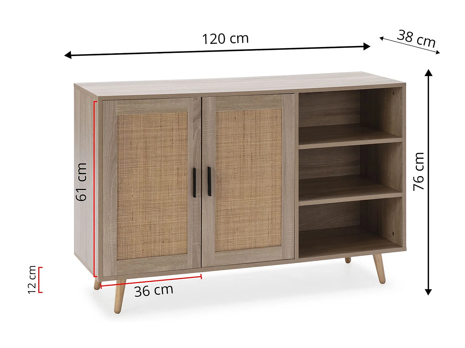 Buffet Dalia 2 portes et 3 niches couleur chêne, 120 cm longueur