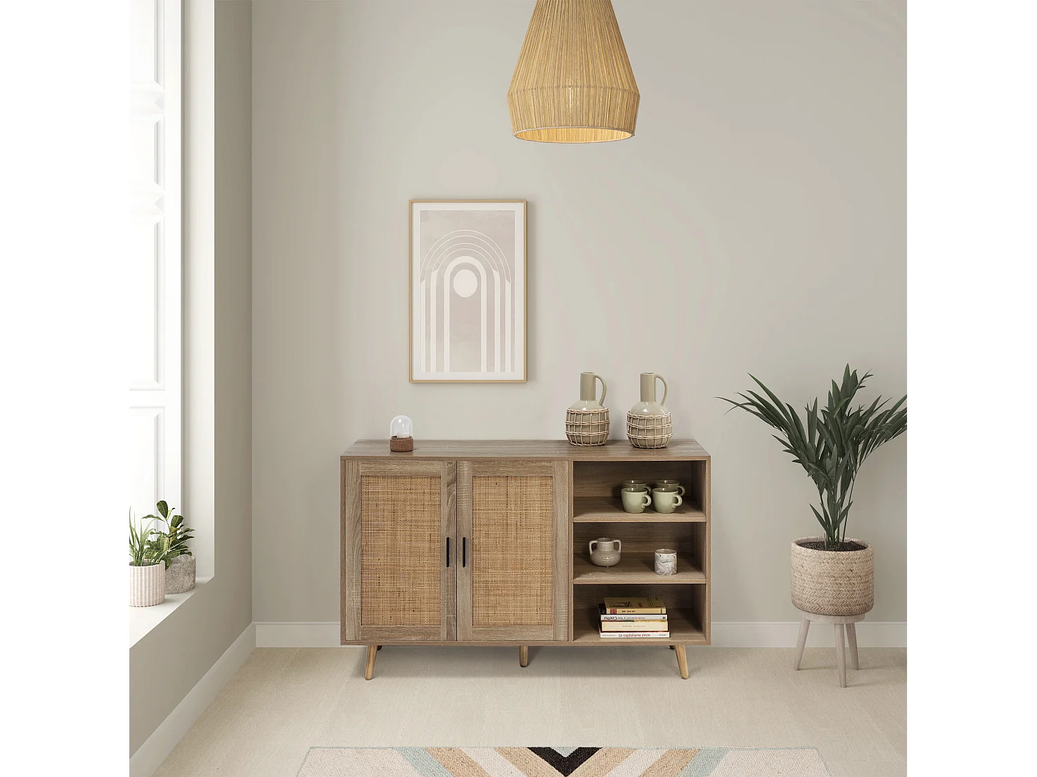 Buffet Dalia 2 portes et 3 niches couleur chêne, 120 cm longueur