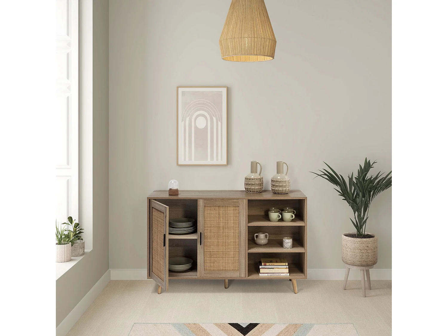 Buffet Dalia 2 portes et 3 niches couleur chêne, 120 cm longueur