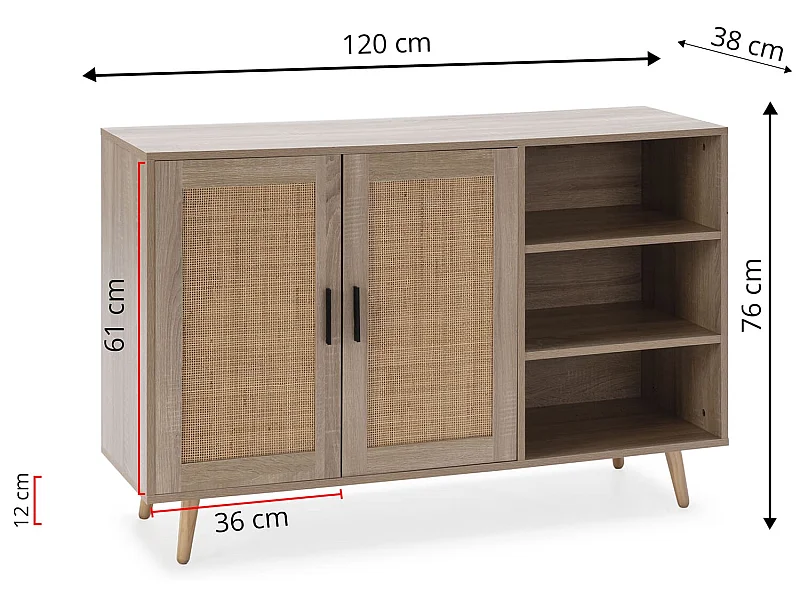 Sideboard Dalia mit 2 Türen und 3 Fächern, Eichenfarbe