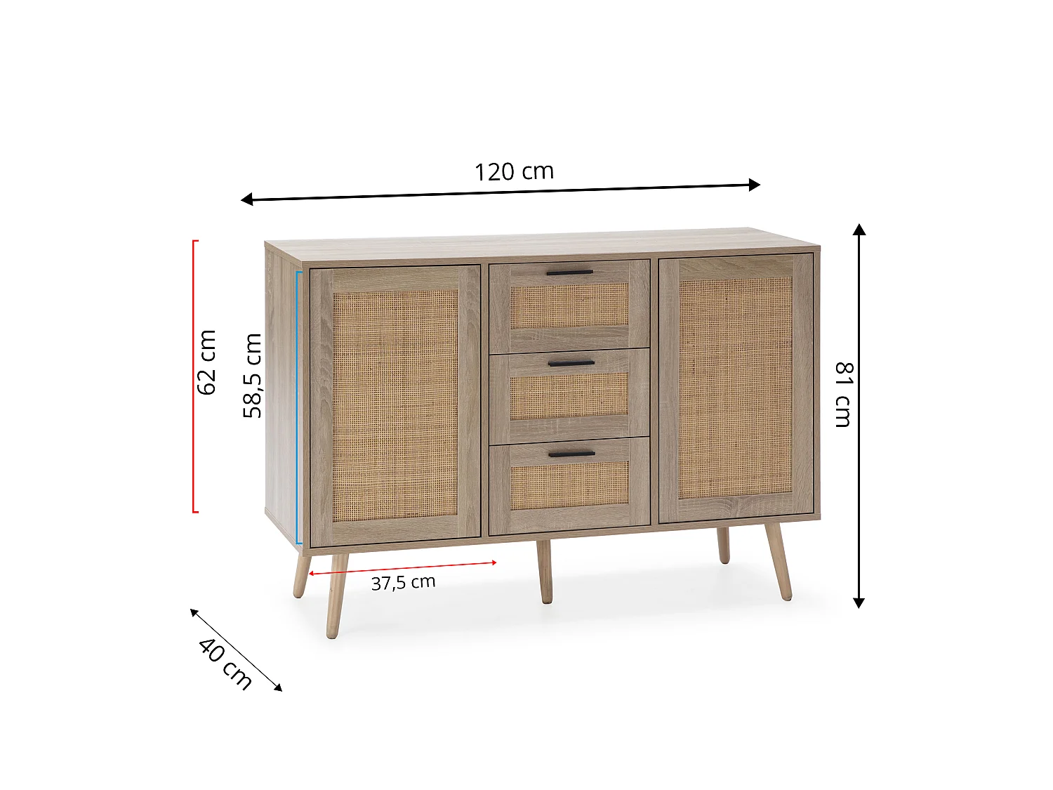 Credenza Dalia 3 cassetti e 2 porte rovere, 120 cm larghezza