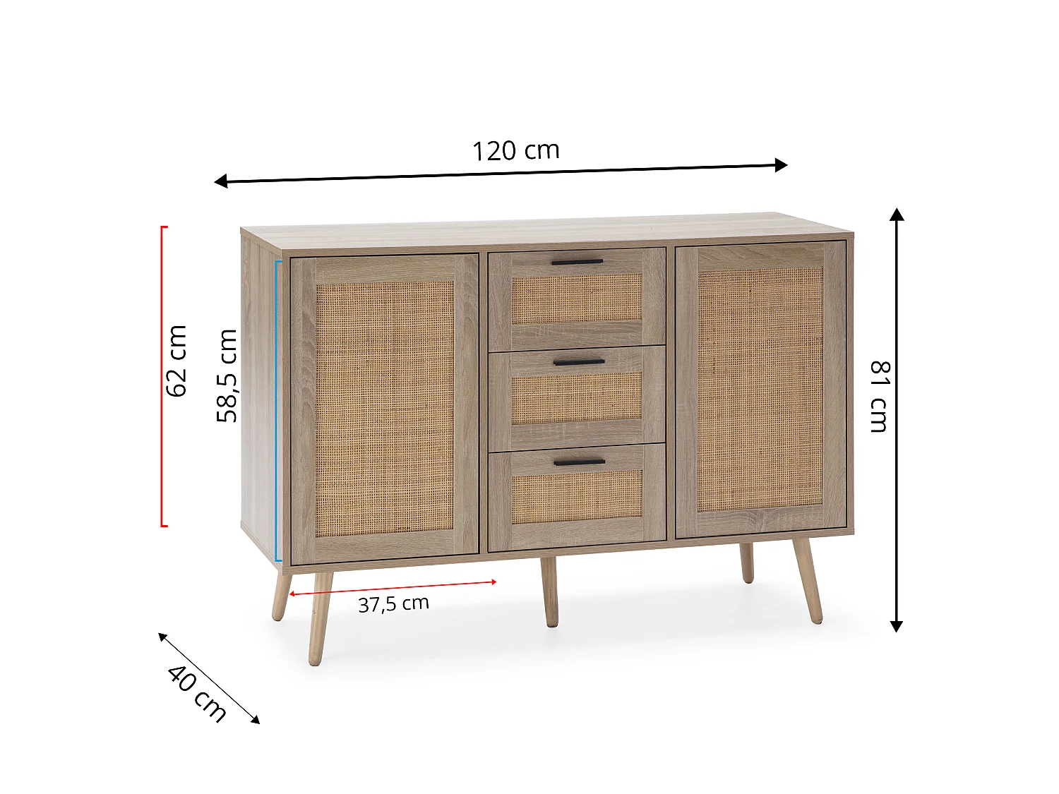 Credenza Dalia 3 cassetti e 2 porte rovere, 120 cm larghezza