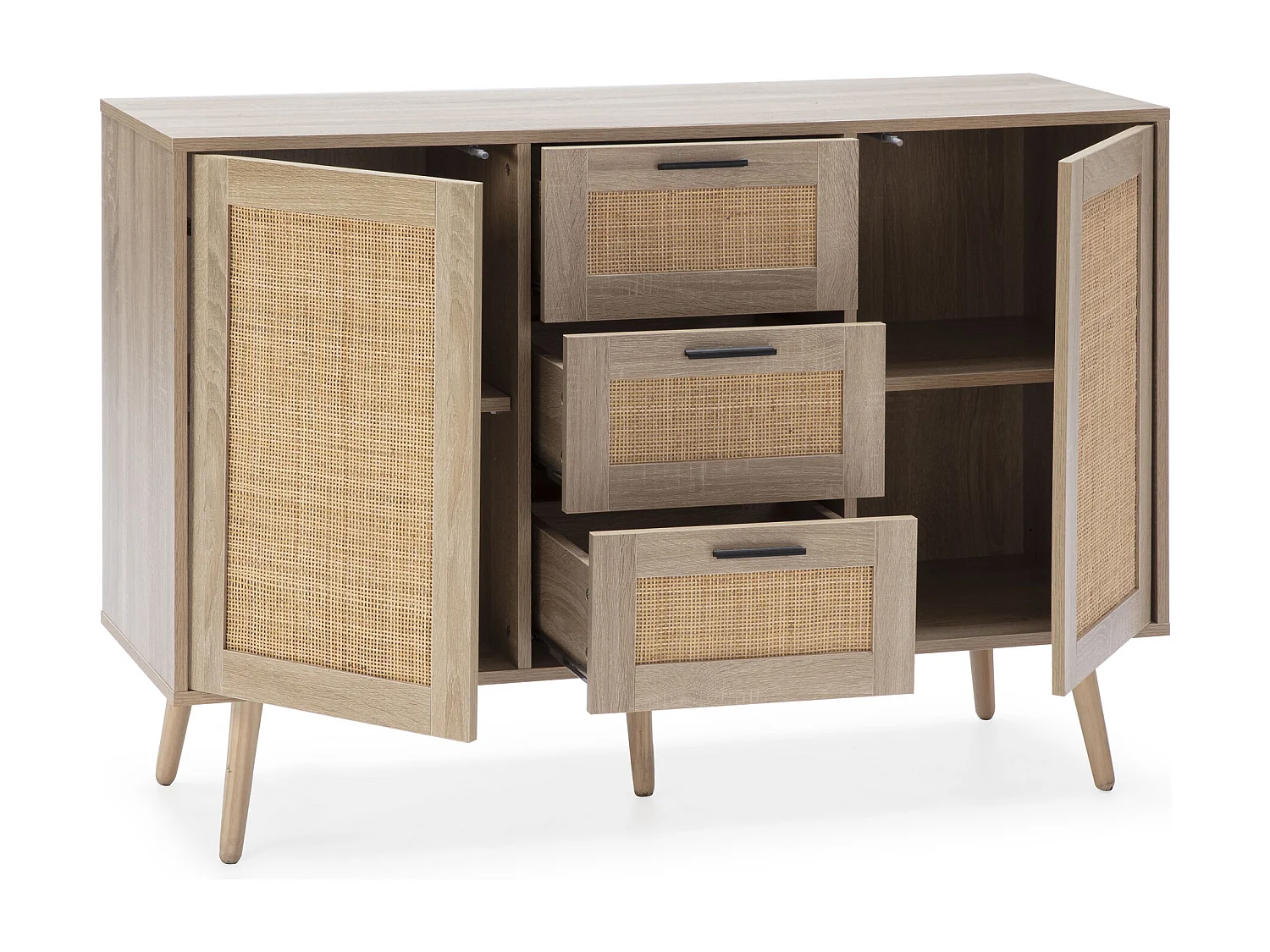Buffet Dalia 3 tiroirs et 2 portes couleur chêne, 120 cm longueur