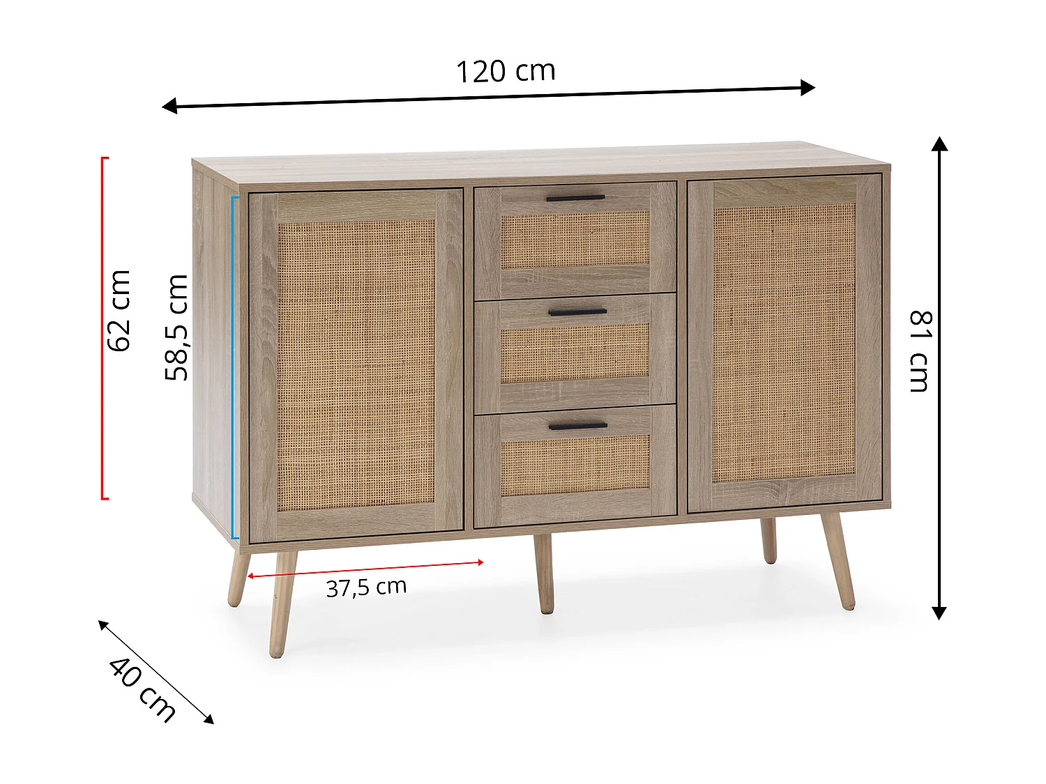Buffet Dalia 3 tiroirs et 2 portes couleur chêne, 120 cm longueur
