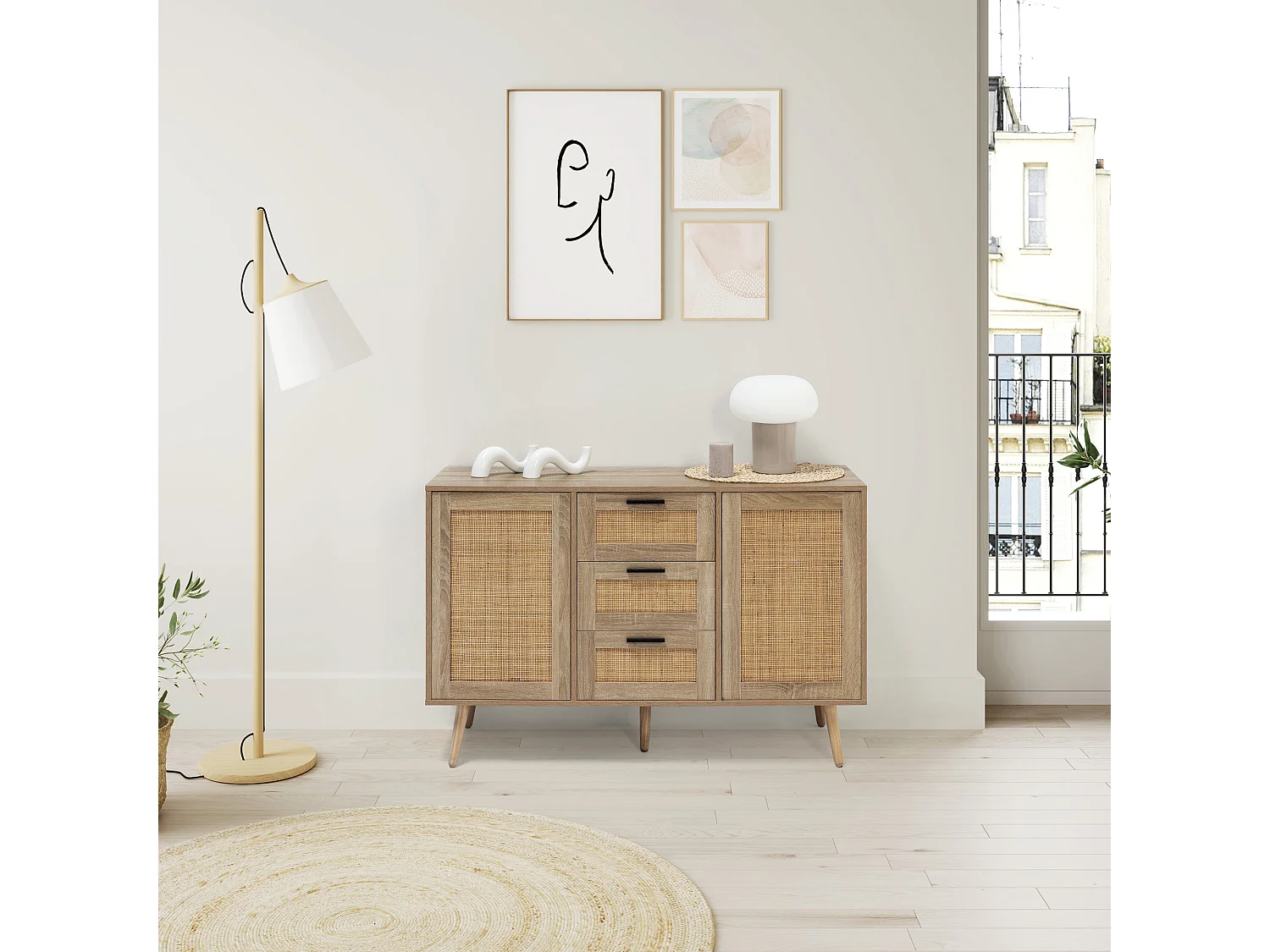 Buffet Dalia 3 tiroirs et 2 portes couleur chêne, 120 cm longueur