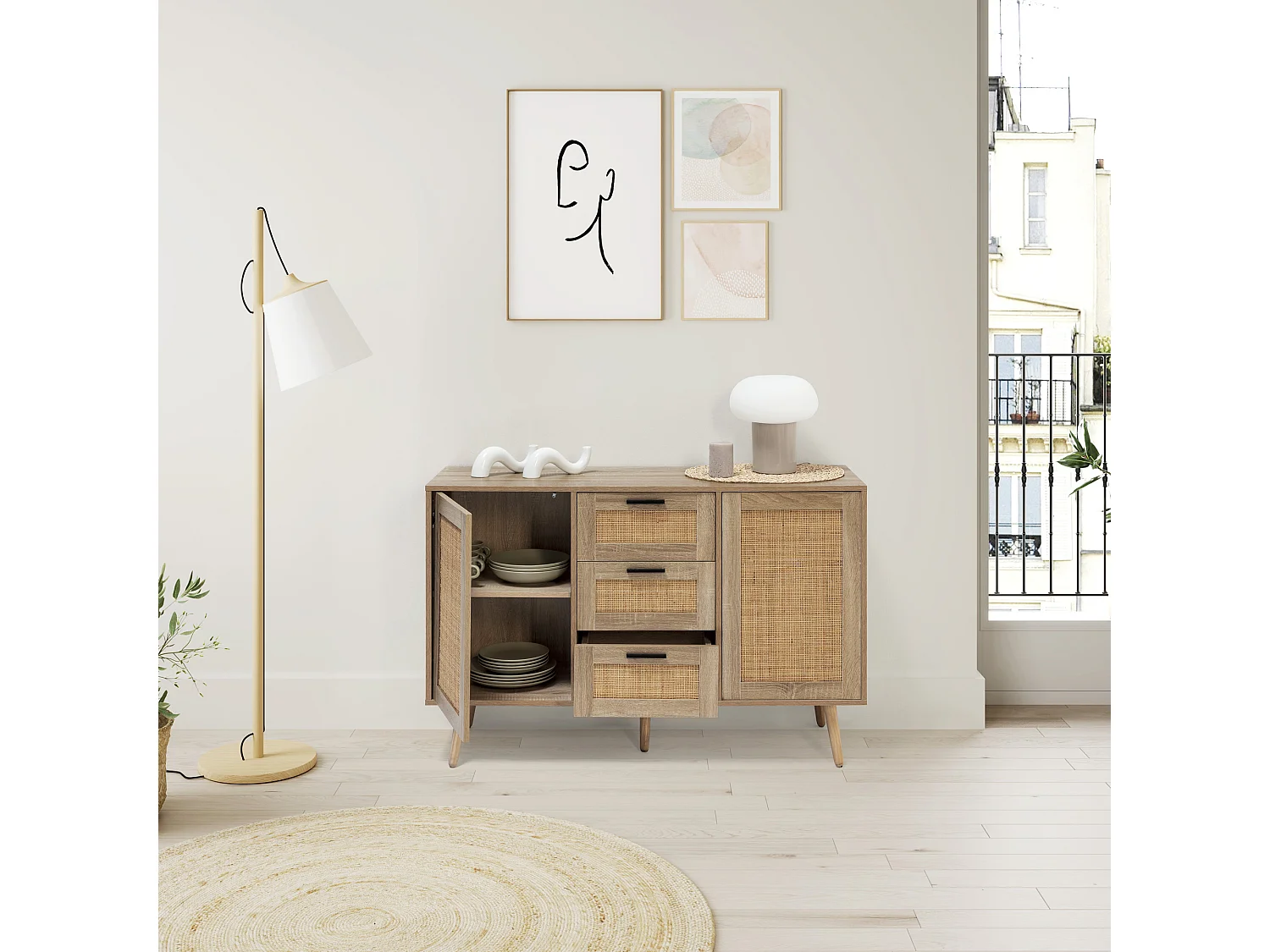 Buffet Dalia 3 tiroirs et 2 portes couleur chêne, 120 cm longueur