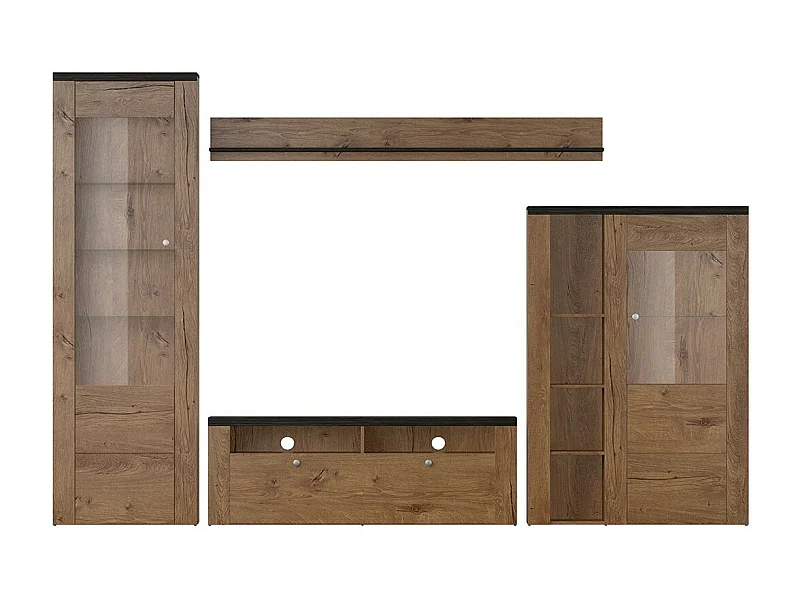 Set von 4 Wohnzimmermöbeln der Kollektion SANTIAGO. Farbe Eiche und Schwarz mit Holzeffekt.