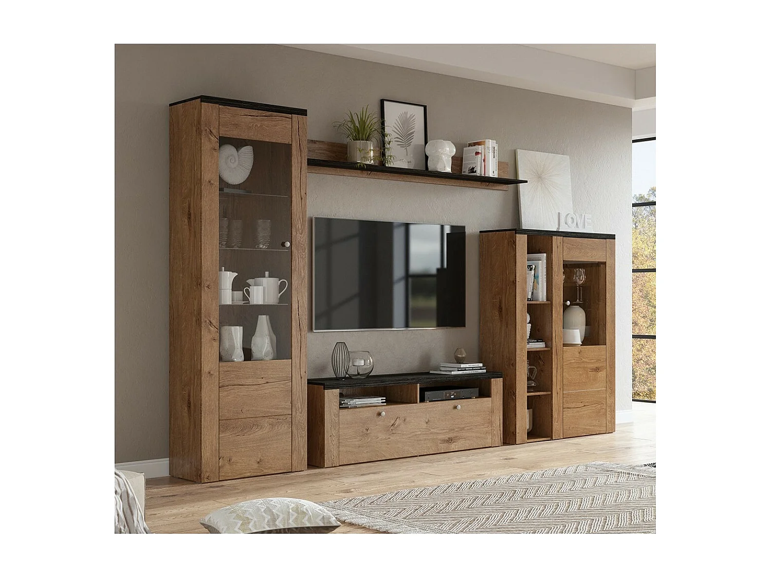 Set van 4 meubels uit de SANTIAGO collectie. Eiken en zwart met houteffect.