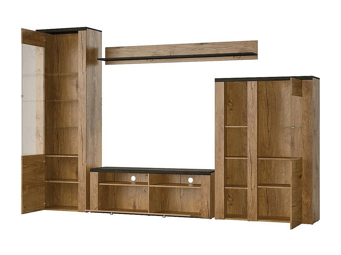 Set van 4 meubels uit de SANTIAGO collectie. Eiken en zwart met houteffect.