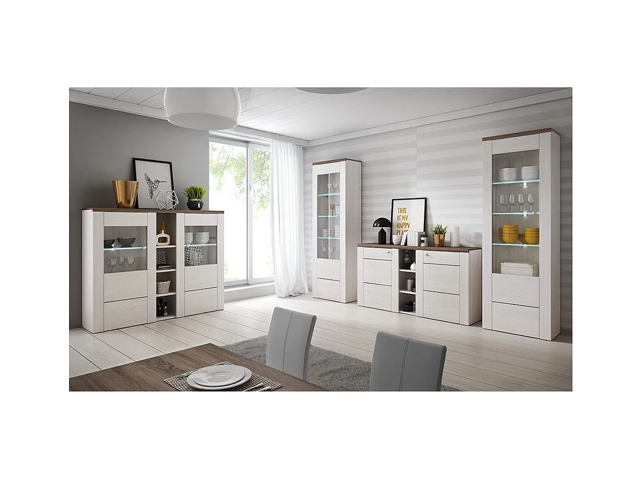 Ensemble de 4 meubles de salon collection SANTIAGO. Coloris blanc effet bois et chêne.